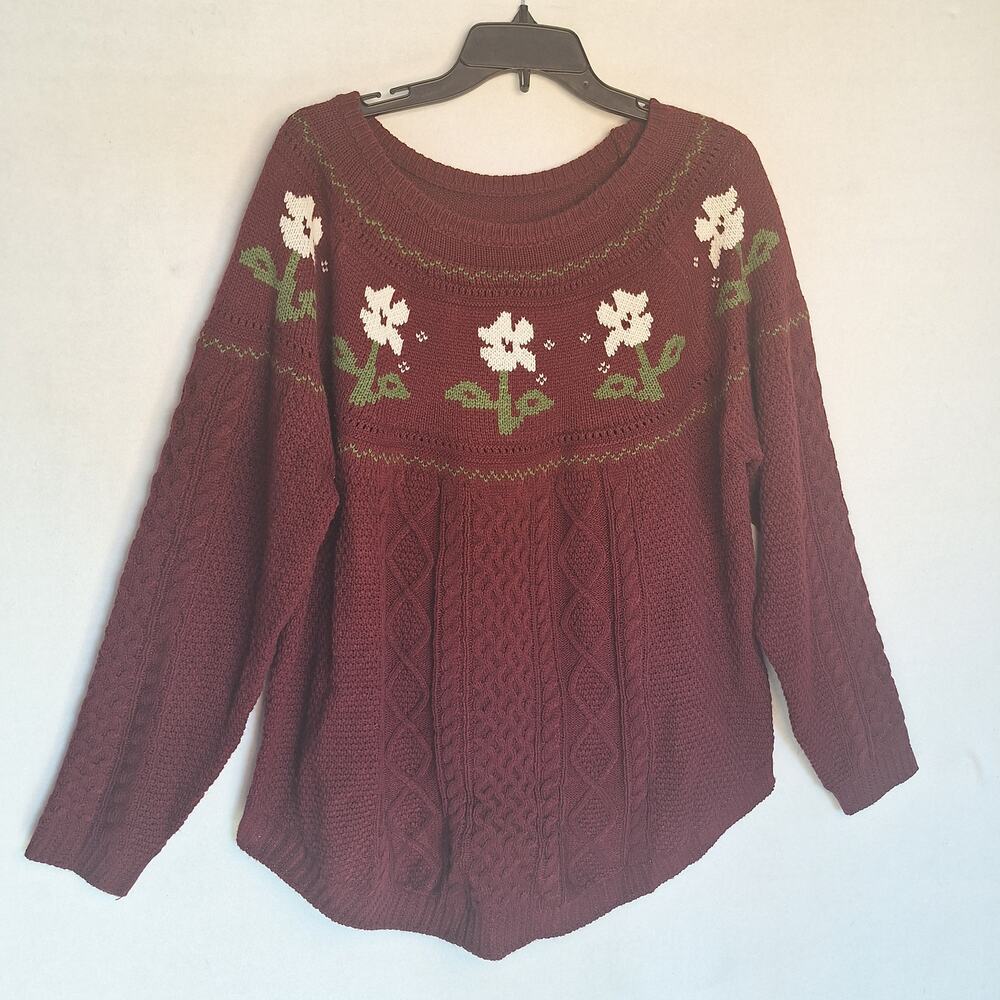 Bloom Chic Cable Knit Sweater Womens 18-20 Burgundy Fair Isle Style Floral Print